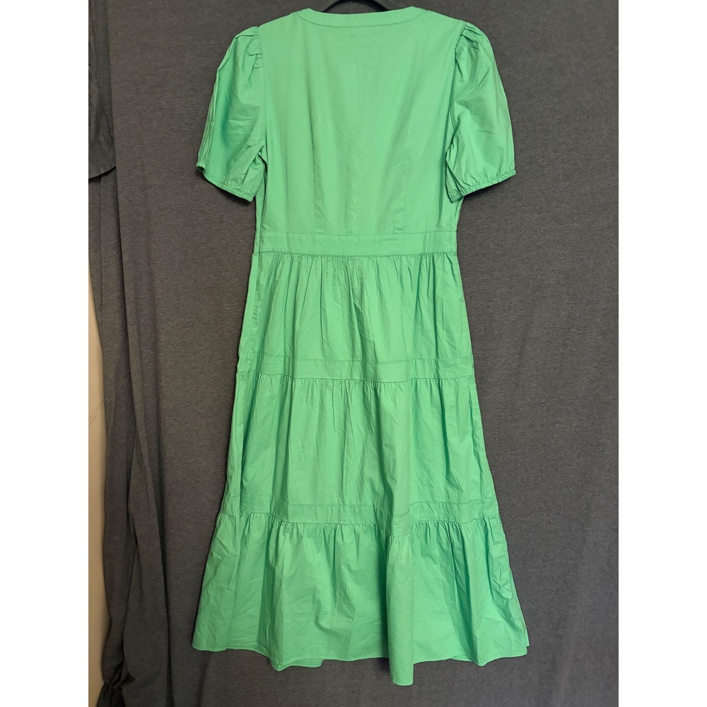 New LOFT Kelly Green Puff Sleeve‎ Tiered Midi Dress Button Front Casual Size 4 - Picture 8 of 9